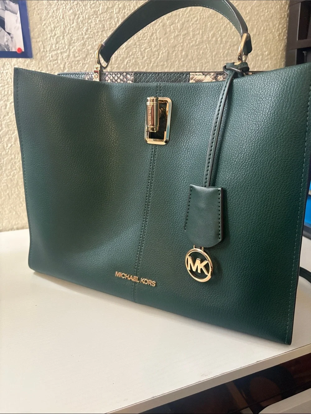 Michael Kors Dark Green Leather Satchel with Gold Hardware